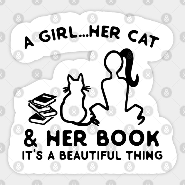 A Girl Her Cat & Her Book Sticker by Sunset beach lover